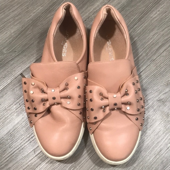 J/Slides Mauve Pink Studded bow Leather Slip on Sneakers size 8.5 - Picture 1 of 10